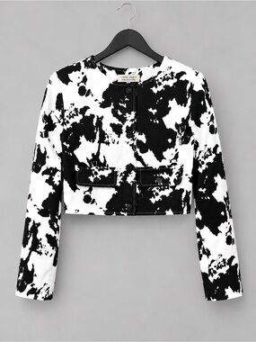 Tea & Cup Cow Print Cropped Denim Jacket in Black & White